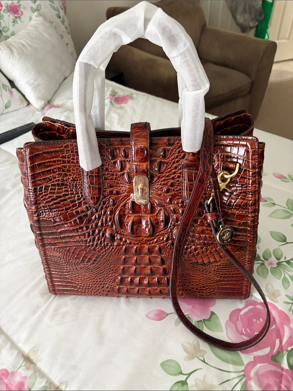 Brahmin Croc-Embossed Chestnut Brown Satchel